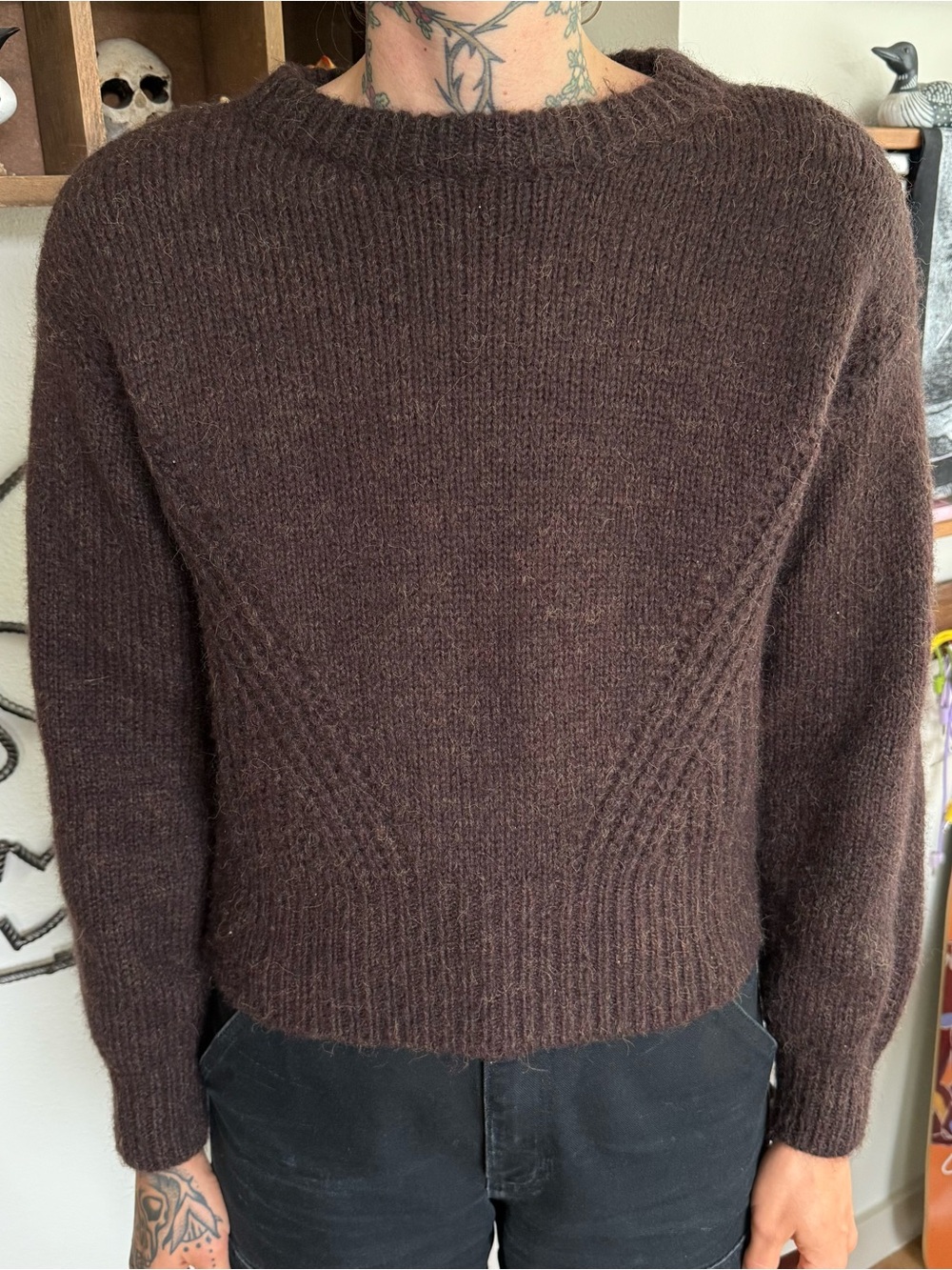 Madewell Dark Brown Directional-Knit Wedge Sweater Wool Blend ~ Size XXS